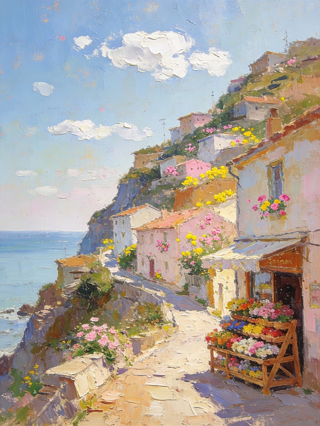 Sunlit Cliffside Town, Flowers, Houses, and Ocean Views, Original Artwork Small Paintings, Hand Painted Canvas Art, On Canvas Small Paintings, Palette Knife Artwork, Landscape Artwork, Canvas Paintings-Paintingforhome