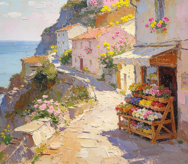 Sunlit Cliffside Town, Flowers, Houses, and Ocean Views, Original Artwork Small Paintings, Hand Painted Canvas Art, On Canvas Small Paintings, Palette Knife Artwork, Landscape Artwork, Canvas Paintings-Paintingforhome