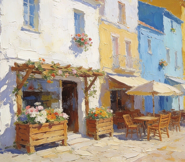 On Canvas Small Paintings, European Street Cafe, Colorful Buildings by the Sea, Simple Painting Ideas, Hand Painted Wall Art, Small Wall Paintings, Landscape Canvas Paintings-Paintingforhome