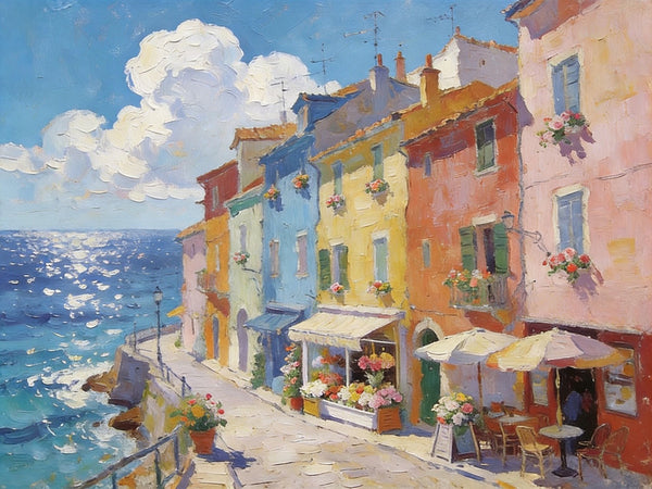 Flower Shop by the Mediterranean, Summer Resort, Hand Painted Canvas Art, Small Landscape Paintings, Original Oil Paintings, Small Wall Art Paintings, Small Paintings on Canvas-Paintingforhome