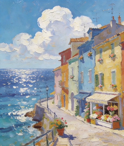 Flower Shop by the Mediterranean, Summer Resort, Hand Painted Canvas Art, Small Landscape Paintings, Original Oil Paintings, Small Wall Art Paintings, Small Paintings on Canvas-Paintingforhome