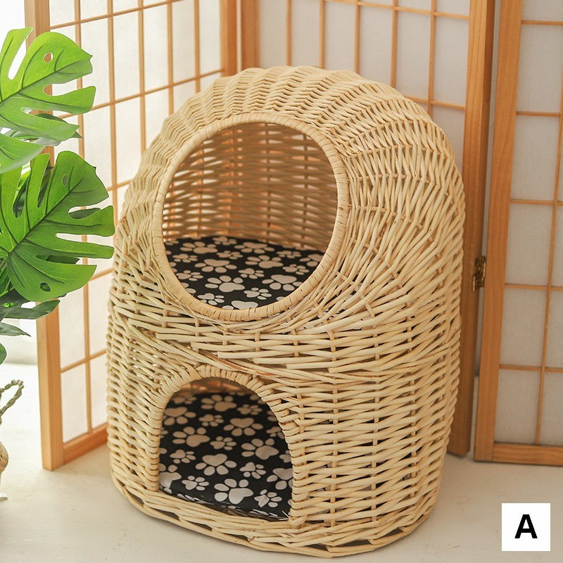 Large Double-Layer Cat Bed, Wicker Cat House Basket with Washable Cushion for Indoor Cats and Dogs-Paintingforhome