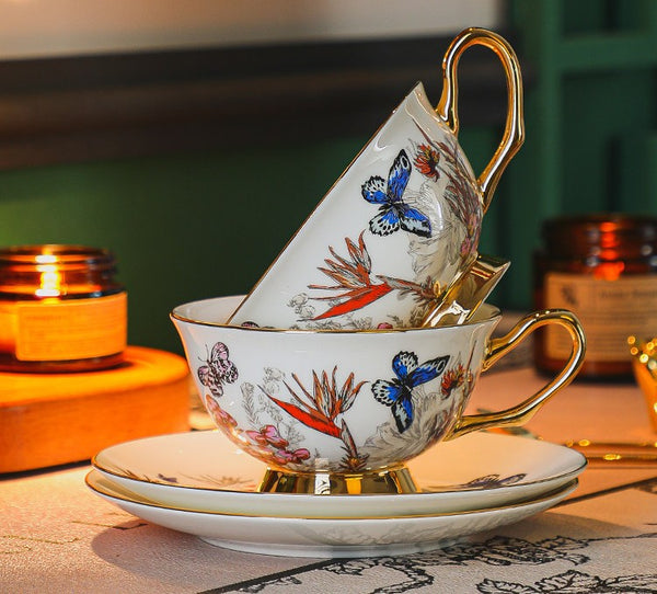 Ceramic Coffee Cups in Gift Box, Butterfly Pattern Porcelain Tea Cup and Saucer Set, British Traditional Afternoon Tea Cup and Saucer Set-Paintingforhome
