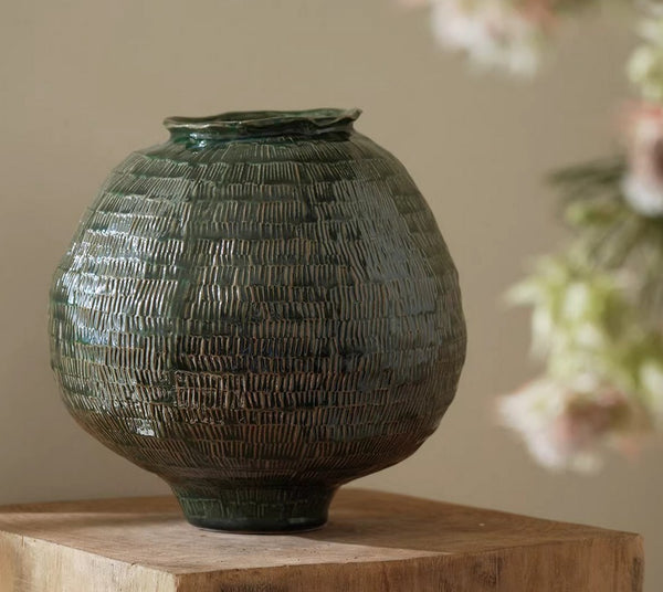 Centerpiece Ceramic Bouquet Vases, Green Porcelain Vases for Modern Home Decor, Large Contemporary Vases on Dining Table, Handmade Modern Flower Vase-Paintingforhome