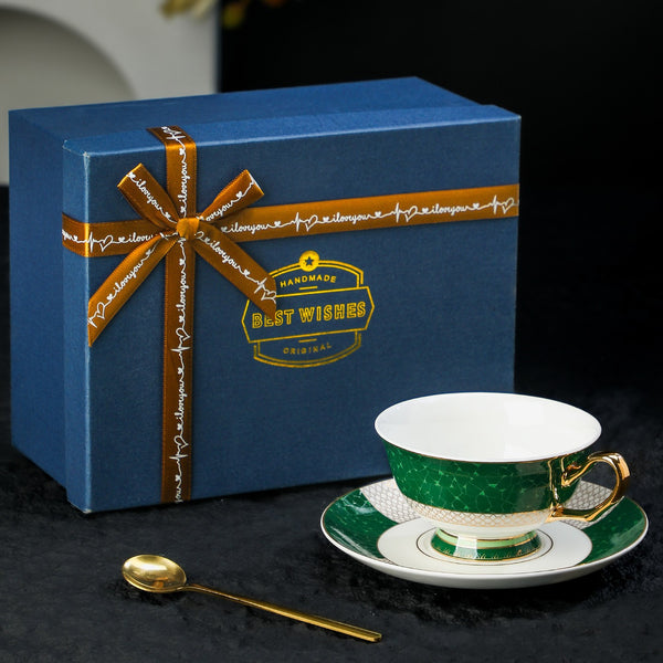 British Ceramic Tea Cup and Saucer Set, Elegant Green Coffee Cups, British Royal Tea Cup and Saucer Set in Gift Box, Porcelain Tea Cup and Saucer Set-Paintingforhome