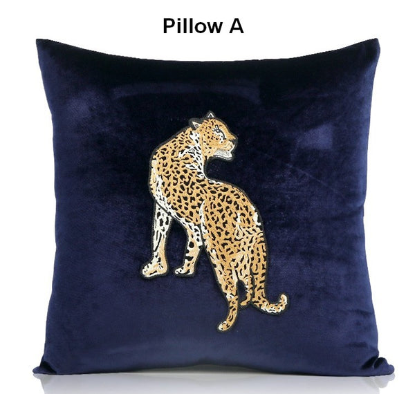 Modern Sofa Pillows, Contemporary Throw Pillows, Cheetah Decorative Throw Pillows, Blue Decorative Pillows for Living Room-Paintingforhome