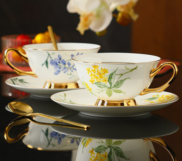 Unique Tea Cup and Saucer in Gift Box, Floral Ceramic Coffee Cup with Saucer, 7.4 oz British Tea Cup and Saucer, Porcelain Tea Cup Saucer Set-Paintingforhome