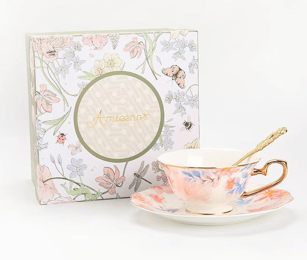 Flower Porcelain Tea Cup Saucer Set, Unique Tea Cup and Saucer in Gift Box,British Royal Ceramic Cups for Traditional Afternoon Tea, Elegant Ceramic Coffee Cups-Paintingforhome