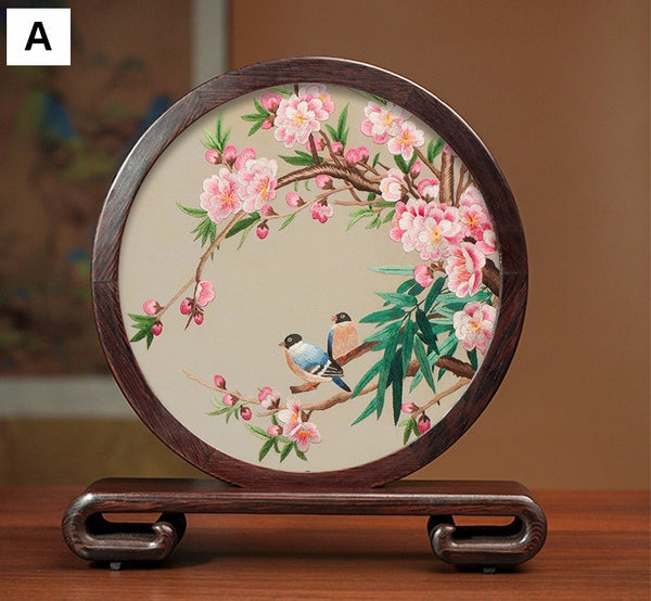 Flower and Bird Embroidery Ornaments, Unique Birthday Gift, Traditional Chinese Suzhou Silk Embroidered Ornament, Premium Souvenir, Exclusive Business Presents-Paintingforhome