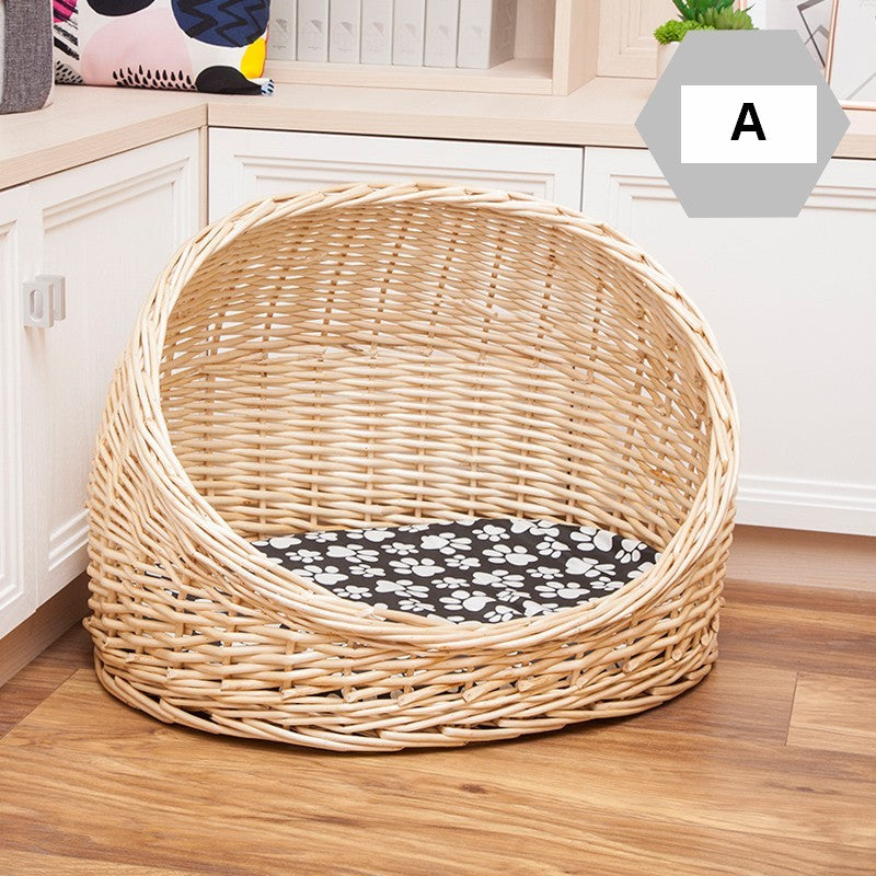 Natural Wicker Cat House Basket with Washable Cushion for Indoor Cats and Dogs, Hand woven Rattan Cat Bed-Paintingforhome