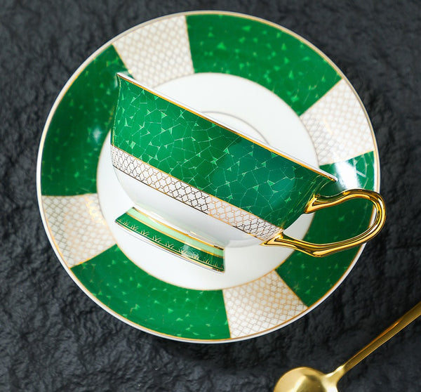 British Ceramic Tea Cup and Saucer Set, Elegant Green Coffee Cups, British Royal Tea Cup and Saucer Set in Gift Box, Porcelain Tea Cup and Saucer Set-Paintingforhome