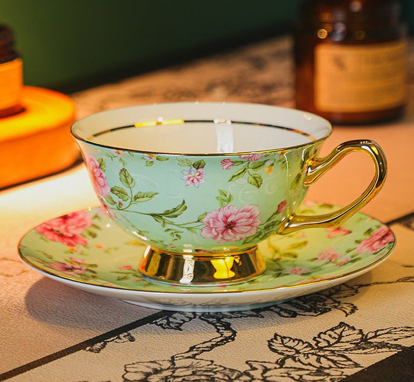 Floral Porcelain Tea Cup and Saucer Set, Afternoon British Tea Cup with Saucer, Traditional English Tea Cup and Saucer Set, Ceramic Coffee Cup with Saucer-Paintingforhome