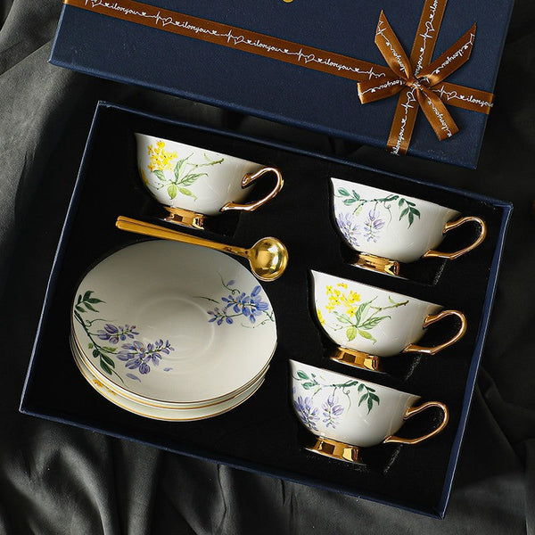 Porcelain Tea Cup Saucer Set, Unique Tea Cup and Saucer in Gift Box, 7.4 oz Floral Ceramic Coffee Cup with Saucer, Beautiful British Tea Cup and Saucer-Paintingforhome