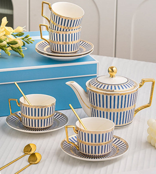 Modern Coffee Cup with Saucer, Ceramic Tea Cup and Saucer Set with Teapot, 7.4 oz Porcelain Tea Cup and Saucer Set of 4 cups, British Tea Cup Set-Paintingforhome