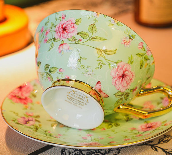 Floral Ceramic Coffee Cup with Saucer Set of 2 Cups, Creative Porcelain Tea Cup Saucer Set, 6.8 oz Tea Cup and Saucer in Gift Box, Beautiful British Tea Cup and Saucer-Paintingforhome