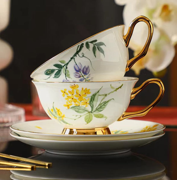 Porcelain Tea Cup Saucer Set, Unique Tea Cup and Saucer in Gift Box, 7.4 oz Floral Ceramic Coffee Cup with Saucer, Beautiful British Tea Cup and Saucer-Paintingforhome