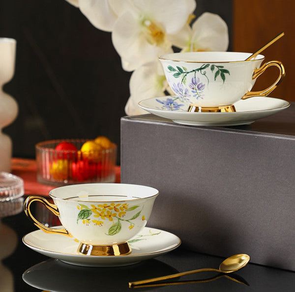 Unique Tea Cup and Saucer in Gift Box, Floral Ceramic Coffee Cup with Saucer, 7.4 oz British Tea Cup and Saucer, Porcelain Tea Cup Saucer Set-Paintingforhome