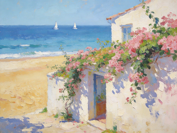 Sunlit Seaside Cottage with Bougainvillea, Original Small Paintings, Seashore Beach Painting, Hand Painted Canvas Art, Small Canvas Wall Art