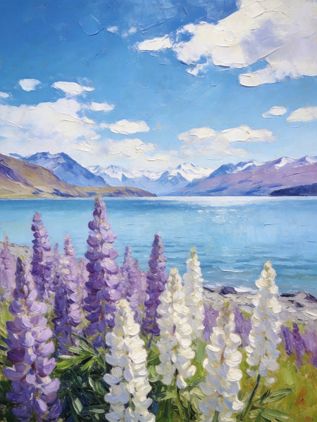 Lupines in Full Bloom by the Lake, Hand Painted Canvas Art, Small Oil Paintings, Original Canvas Paintings, Landscape Paintings for Bedroom, Buy Paintings Online-Paintingforhome