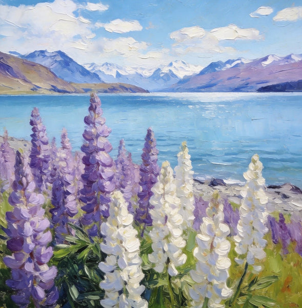 Lupines in Full Bloom by the Lake, Hand Painted Canvas Art, Small Oil Paintings, Original Canvas Paintings, Landscape Paintings for Bedroom, Buy Paintings Online-Paintingforhome