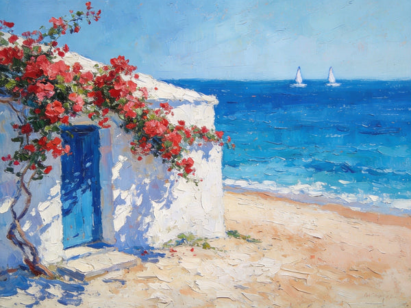 Bougainvillea by the Turquoise Shore, Original Small Paintings, Seashore Beach Painting, Hand Painted Canvas Art, Small Canvas Wall Art