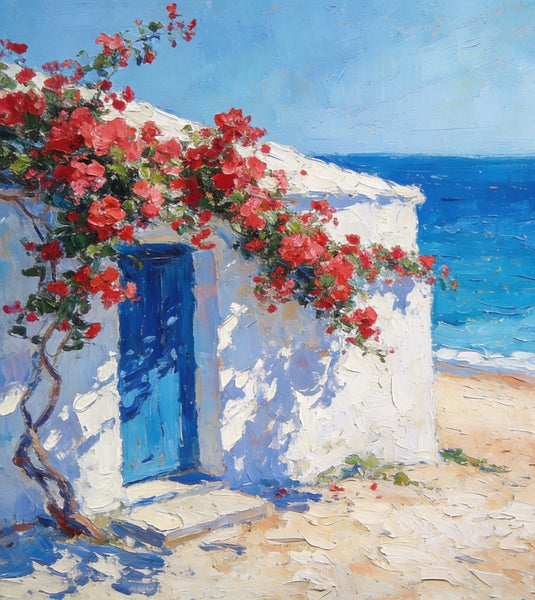 Bougainvillea by the Turquoise Shore, Original Small Paintings, Seashore Beach Painting, Hand Painted Canvas Art, Small Canvas Wall Art
