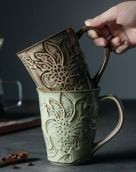 Green Ceramic Coffee Mug, Birthday Gifts, Stoneware Coffee Mugs, Handmade Pottery Coffee Mug, Large Capacity Coffee Cups-Paintingforhome