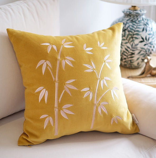 Decorative Pillow Arrangement Ideas for Couch, Large Decorative Pillows for Couch, Modern Throw Pillows for Bedroom, Living Room Decorative Pillows, Yellow Embroidered Bamboo Cushion-Paintingforhome