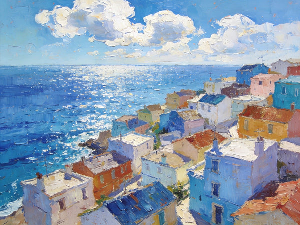 Original Landscape Paintings, Coastal Town Charm, Seashore Paintings, Hand Painted Canvas Art, Small Oil Paintings, Canvas Paintings for Living Room, Buy Paintings Online-Paintingforhome
