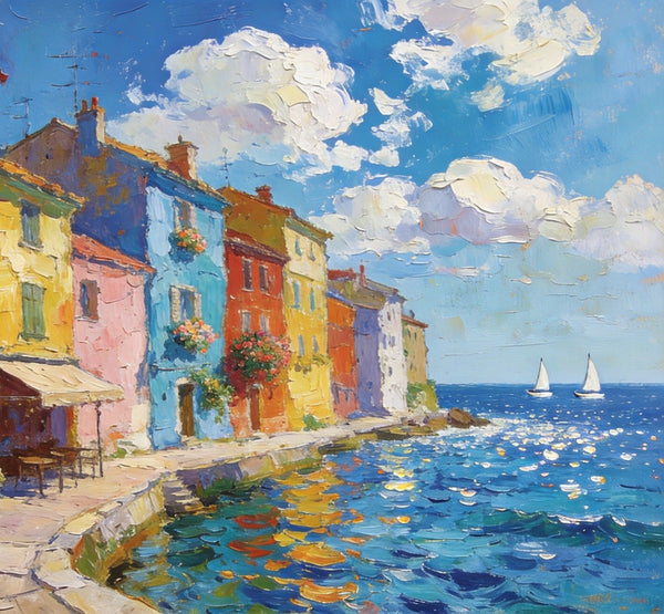 Canvas Paintings for Living Room, Coatal Town Beauty Spot, Hand Painted Canvas Art, BuyOil Paintings Online, Small Wall Art Paintings, Original Landscape Paintings-Paintingforhome