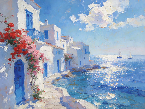 Idyllic Aegean Landscape, Small Oil Paintings, Heavy Texture Artwork, Hand Painted Canvas Art, Landscape Canvas Paintings, Original Canvas Paintings-Paintingforhome