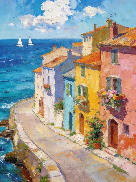 The Beauty of a Small Seaside Town, Original Landscape Art, Buy Original Paintings, Hand Painted Canvas Art, Small Paintings On Canvas, Heavy Texture Wall Art Paintings-Paintingforhome