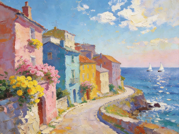 Original Landscape Paintings, Coastal Town Tranquility, Summer Resort Paintings, Hand Painted Canvas Art, Heavy Texture Artwork, Small Oil Paintings, Buy Painting Online-Paintingforhome