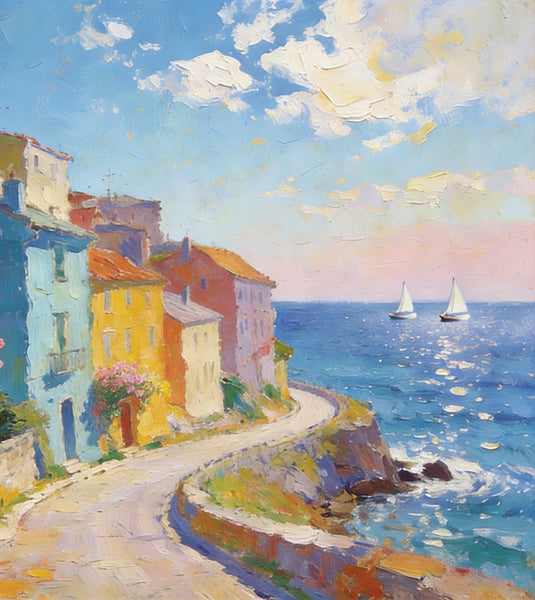 Original Landscape Paintings, Coastal Town Tranquility, Summer Resort Paintings, Hand Painted Canvas Art, Heavy Texture Artwork, Small Oil Paintings, Buy Painting Online-Paintingforhome