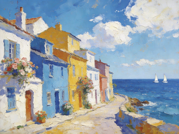 Heavy Texture Artwork, Seaside Town Serene Moment, Small Oil Paintings, Buy Painting Online, Original Landscape Paintings, Hand Painted Canvas Art-Paintingforhome