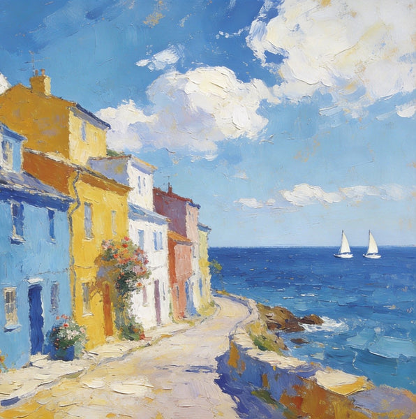 Heavy Texture Artwork, Seaside Town Serene Moment, Small Oil Paintings, Buy Painting Online, Original Landscape Paintings, Hand Painted Canvas Art-Paintingforhome