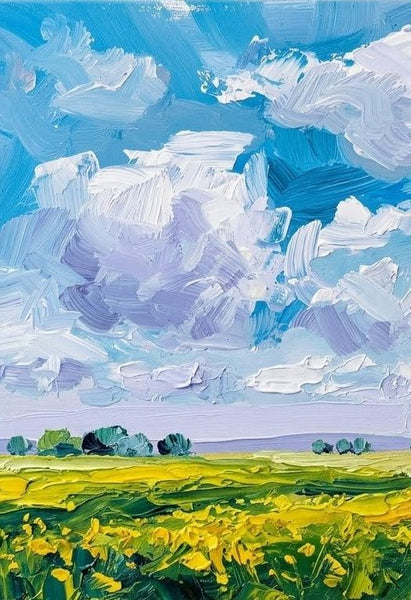 Original Landscape Paintings, Flowering Wilderness Beneath the Clouds, Hand Painted Canvas Art