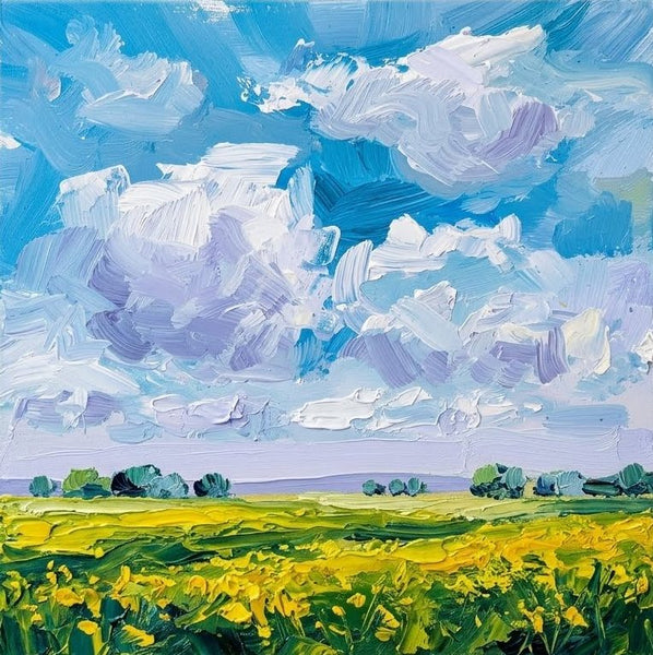 Original Landscape Paintings, Flowering Wilderness Beneath the Clouds, Hand Painted Canvas Art