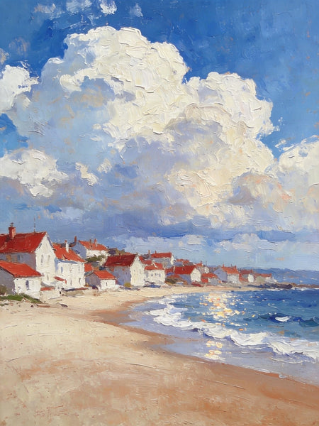 Landscape Oil Paintings, Sandy Seaside Village, Canvas Paintings for Living Room, Small Original Paintings, Hand Painted Canvas Art-Paintingforhome