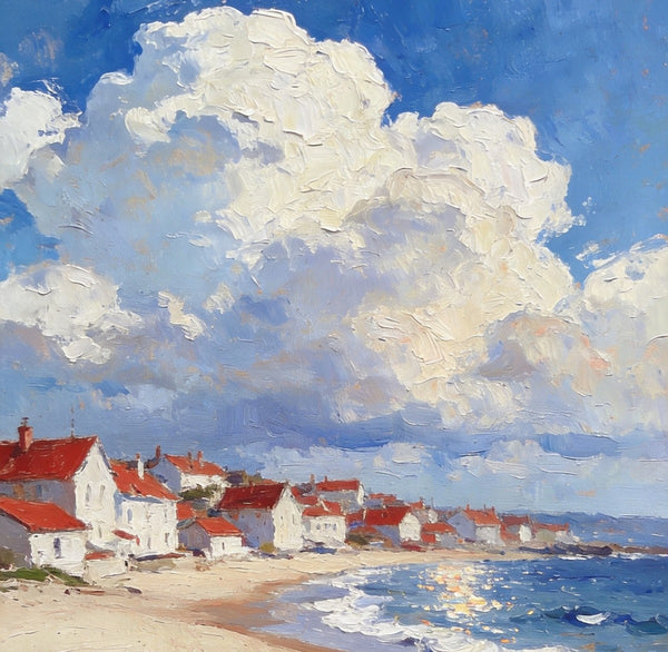 Landscape Oil Paintings, Sandy Seaside Village, Canvas Paintings for Living Room, Small Original Paintings, Hand Painted Canvas Art-Paintingforhome