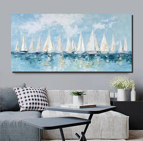 Large Wall Art Ideas for Living Room, Paintings for Living Room, Acrylic Painting on Canvas, Modern Paintings for Bedroom, Sail Boat Painting, Original Canvas Art-Paintingforhome