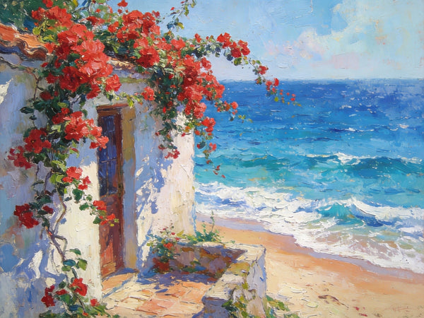 Bougainvillea by the Turquoise Shore, Buy Original Oil Paintings Online, Original Small Paintings, Seashore Beach Painting, Hand Painted Canvas Art