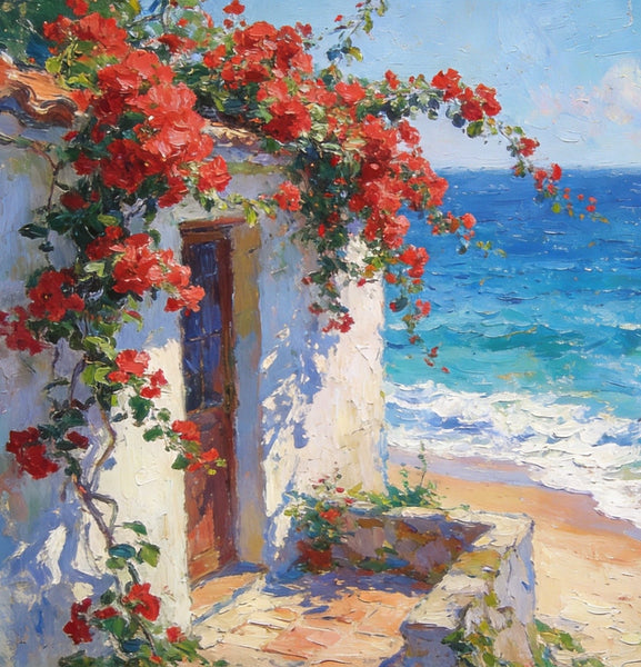 Bougainvillea by the Turquoise Shore, Buy Original Oil Paintings Online, Original Small Paintings, Seashore Beach Painting, Hand Painted Canvas Art