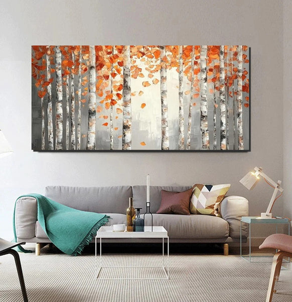 Large Wall Art for Bedroom, Modern Paintings for Living Room, Acrylic Painting on Canvas, Palette Knife Canvas Art, Autumn Birch Tree Painting, Original Canvas Art-Paintingforhome