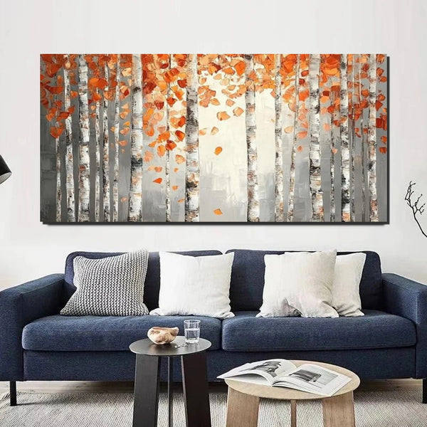 Large Wall Art for Bedroom, Modern Paintings for Living Room, Acrylic Painting on Canvas, Palette Knife Canvas Art, Autumn Birch Tree Painting, Original Canvas Art-Paintingforhome