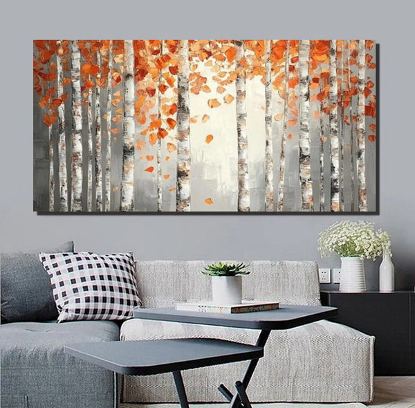Large Wall Art for Bedroom, Modern Paintings for Living Room, Acrylic Painting on Canvas, Palette Knife Canvas Art, Autumn Birch Tree Painting, Original Canvas Art-Paintingforhome