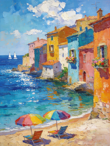 Buy Original Paintings, Seashore Town Harmony, Summer Resort, Original Landscape Art, Hand Painted Canvas Art, Small Paintings On Canvas, Heavy Texture Wall Art Paintings-Paintingforhome