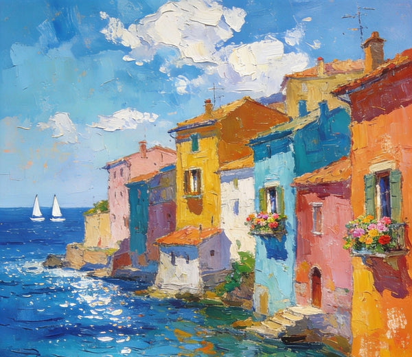 Buy Original Paintings, Seashore Town Harmony, Summer Resort, Original Landscape Art, Hand Painted Canvas Art, Small Paintings On Canvas, Heavy Texture Wall Art Paintings-Paintingforhome