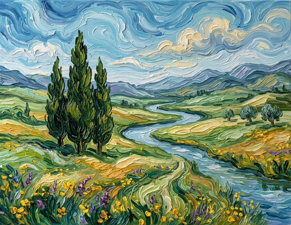 Original Oil Paintings, Cypress Riverside Under Swirling Clouds, Original Landscape Paintings, Impasto Heavy Texture Artwork