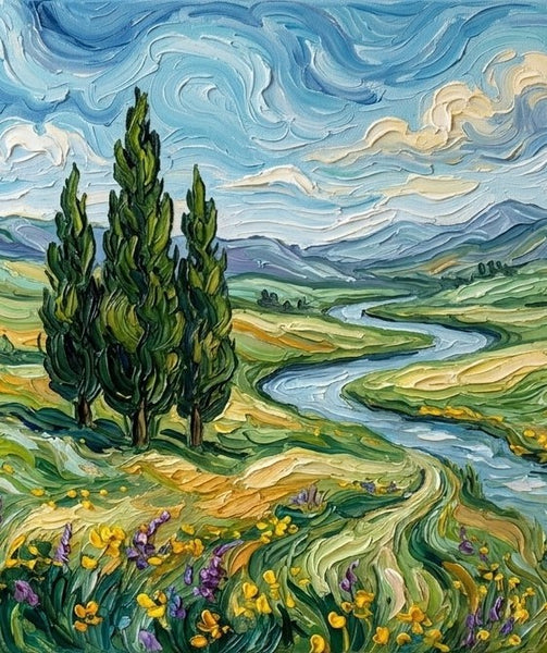 Original Oil Paintings, Cypress Riverside Under Swirling Clouds, Original Landscape Paintings, Impasto Heavy Texture Artwork